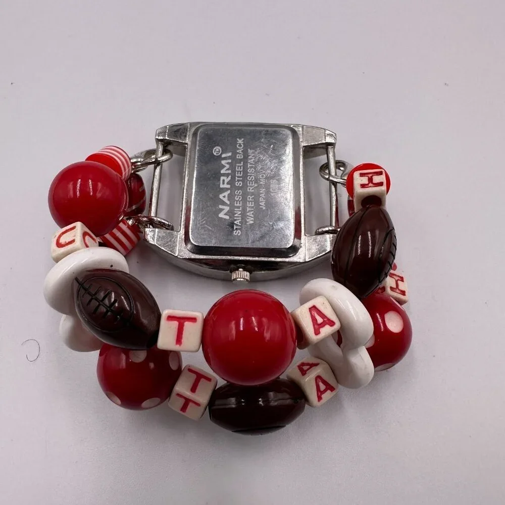 3/$30 Narmi Watch Women Silver Tone Utah Football Bead Stretch Bracelet